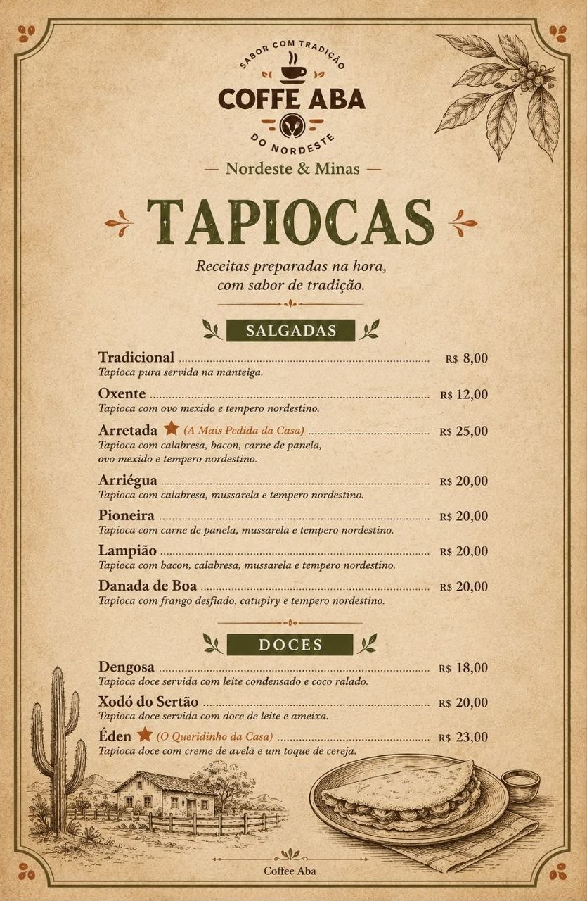 Cardápio impresso de tapiocas; itens e preços também disponíveis em texto nesta seção